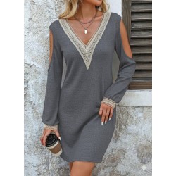 Kadın Uzun Kollu Omuzdan Açık V Dantel Yakalı Mini Waffle Elbise , 28899