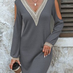 Kadın Uzun Kollu Omuzdan Açık V Dantel Yakalı Mini Waffle Elbise , 28899