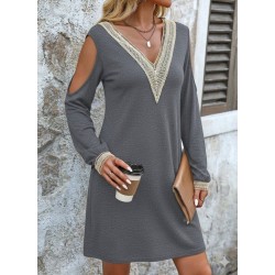 Kadın Uzun Kollu Omuzdan Açık V Dantel Yakalı Mini Waffle Elbise , 28899 Kadın Uzun Kollu Omuzdan Açık V Dantel Yakalı Mini Waffle Elbise , 28899