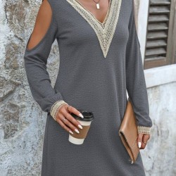 Kadın Uzun Kollu Omuzdan Açık V Dantel Yakalı Mini Waffle Elbise , 28899