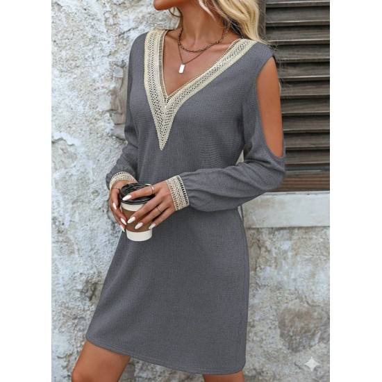 Kadın Uzun Kollu Omuzdan Açık V Dantel Yakalı Mini Waffle Elbise , 28899 Kadın Uzun Kollu Omuzdan Açık V Dantel Yakalı Mini Waffle Elbise , 28899