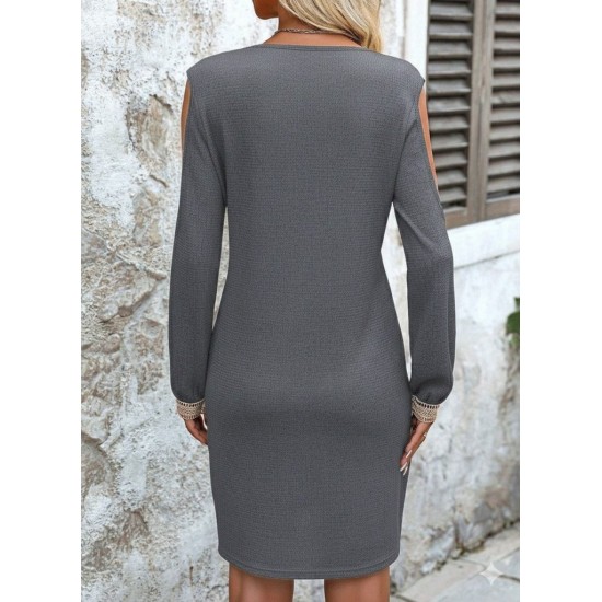 Kadın Uzun Kollu Omuzdan Açık V Dantel Yakalı Mini Waffle Elbise , 28899 Kadın Uzun Kollu Omuzdan Açık V Dantel Yakalı Mini Waffle Elbise , 28899