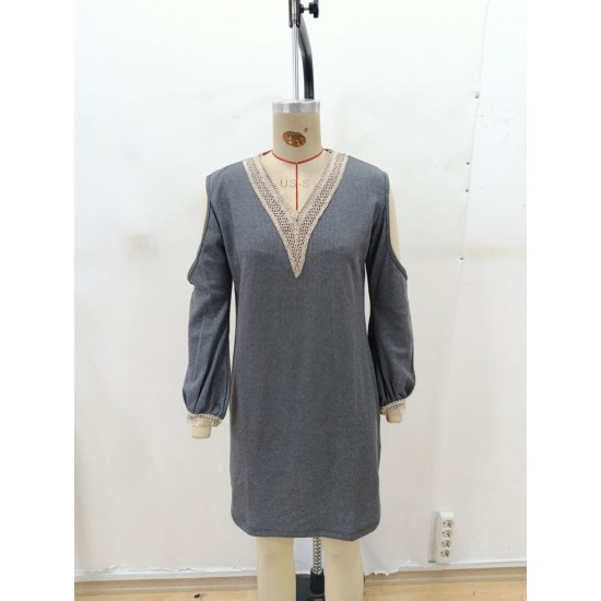 Kadın Uzun Kollu Omuzdan Açık V Dantel Yakalı Mini Waffle Elbise , 28899 Kadın Uzun Kollu Omuzdan Açık V Dantel Yakalı Mini Waffle Elbise , 28899