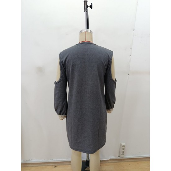 Kadın Uzun Kollu Omuzdan Açık V Dantel Yakalı Mini Waffle Elbise , 28899 Kadın Uzun Kollu Omuzdan Açık V Dantel Yakalı Mini Waffle Elbise , 28899