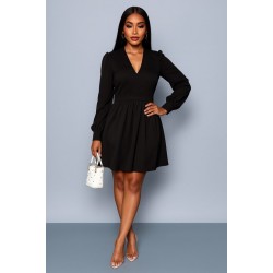 Kadın Uzun Kollu V Yaka Belden Hafif Pileli Scuba Krep Mini Boy Elbise, 28912