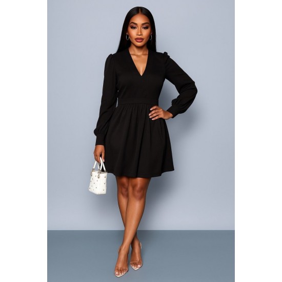 Kadın Uzun Kollu V Yaka Belden Hafif Pileli Scuba Krep Mini Boy Elbise, 28912 Kadın Uzun Kollu V Yaka Belden Hafif Pileli Scuba Krep Mini Boy Elbise, 28912