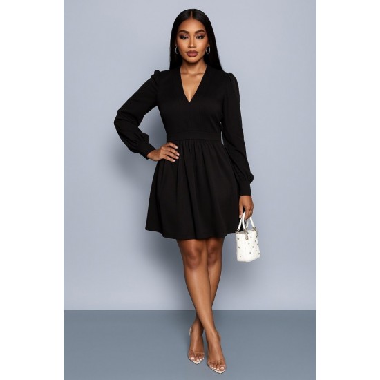 Kadın Uzun Kollu V Yaka Belden Hafif Pileli Scuba Krep Mini Boy Elbise, 28912 Kadın Uzun Kollu V Yaka Belden Hafif Pileli Scuba Krep Mini Boy Elbise, 28912