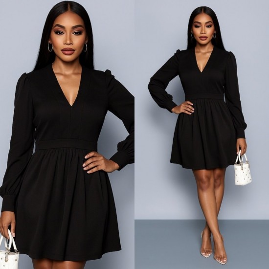 Kadın Uzun Kollu V Yaka Belden Hafif Pileli Scuba Krep Mini Boy Elbise, 28912 Kadın Uzun Kollu V Yaka Belden Hafif Pileli Scuba Krep Mini Boy Elbise, 28912