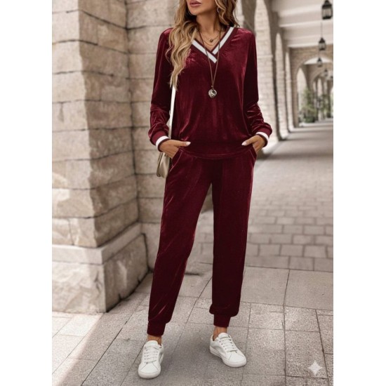 Kadın Uzun Kollu V Yaka Kadife Bluz Ve Pantolon Ikili Takım , 28918 Kadın Uzun Kollu V Yaka Kadife Bluz Ve Pantolon Ikili Takım , 28918