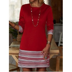 Kadın Uzun Kollu Bisiklet Yaka Kol Ağzı Ve Etek Ucu Baskılı Iki Iplik Elbise, 28926