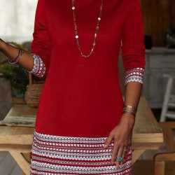 Kadın Uzun Kollu Bisiklet Yaka Kol Ağzı Ve Etek Ucu Baskılı Iki Iplik Elbise, 28926