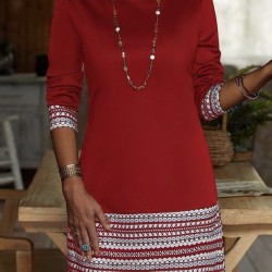 Kadın Uzun Kollu Bisiklet Yaka Kol Ağzı Ve Etek Ucu Baskılı Iki Iplik Elbise, 28926