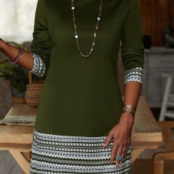 Kadın Uzun Kollu Bisiklet Yaka Kol Ağzı Ve Etek Ucu Baskılı Iki Iplik Elbise, 28925