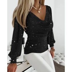 Kadın Uzun Kollu Degaje Yaka Taşlı Sandy Bluz , 28921