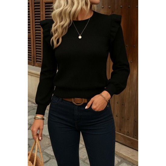 Kadın Uzun Kollu Bisiklet Yaka Omuzları Fırfırlı Triko Bluz, 28939 Kadın Uzun Kollu Bisiklet Yaka Omuzları Fırfırlı Triko Bluz, 28939