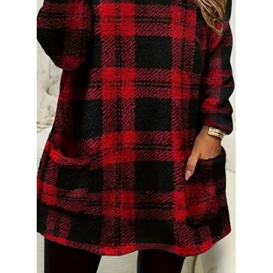 Kadın Uzun Kollu Yarı Balıkçı Yakalı Cep Detaylı Ekoseli Dokuma Tunik , 28938 Kadın Uzun Kollu Yarı Balıkçı Yakalı Cep Detaylı Ekoseli Dokuma Tunik , 28938