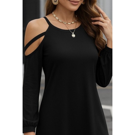 Kadın Uzun Kollu Omuz Açık Askı Detay Viskon Mini Boy Elbise, 28961 Kadın Uzun Kollu Omuz Açık Askı Detay Viskon Mini Boy Elbise, 28961