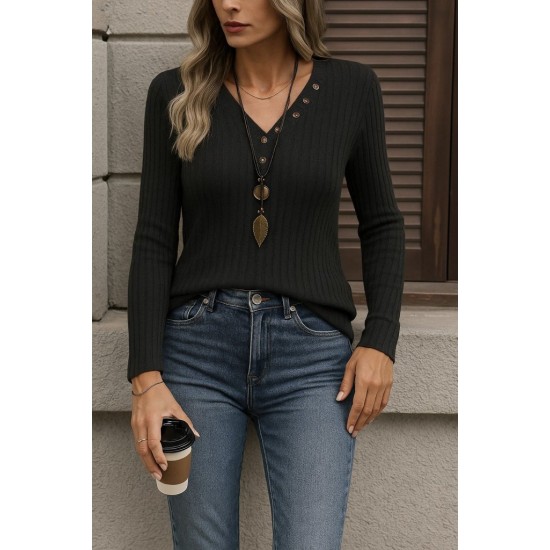 Kadın Uzun Kollu V Yakalı Düğmeli şardonlu Kaşkorse Bluz , 28955