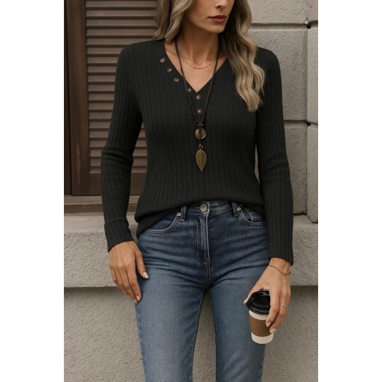 Kadın Uzun Kollu V Yakalı Düğmeli şardonlu Kaşkorse Bluz , 28955