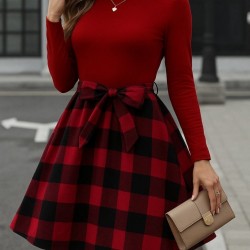 Kadın Uzun Kollu Bisiklet Yaka üst Viskon Alt Ekose Kısa Elbise , 28953