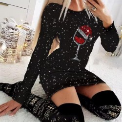 Kadın Uzun Kollu Taş Kadeh Baskı Dalgıç Mini Boy Elbise, 28940