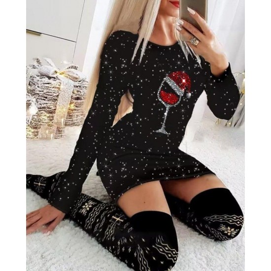 Kadın Uzun Kollu Taş Kadeh Baskı Dalgıç Mini Boy Elbise, 28940