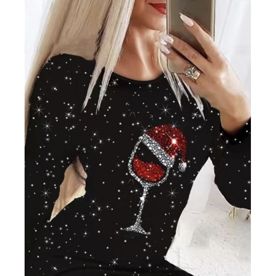 Kadın Uzun Kollu Taş Kadeh Baskı Dalgıç Mini Boy Elbise, 28940