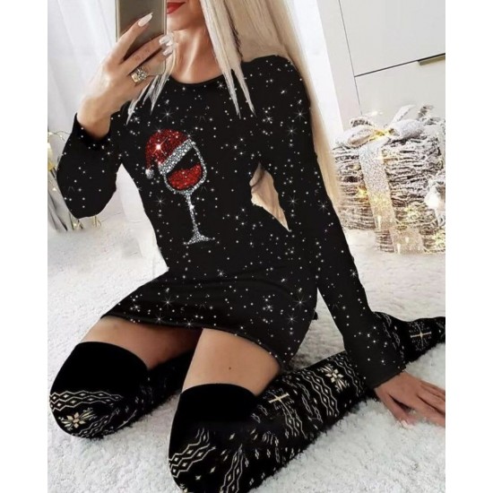 Kadın Uzun Kollu Taş Kadeh Baskı Dalgıç Mini Boy Elbise, 28940