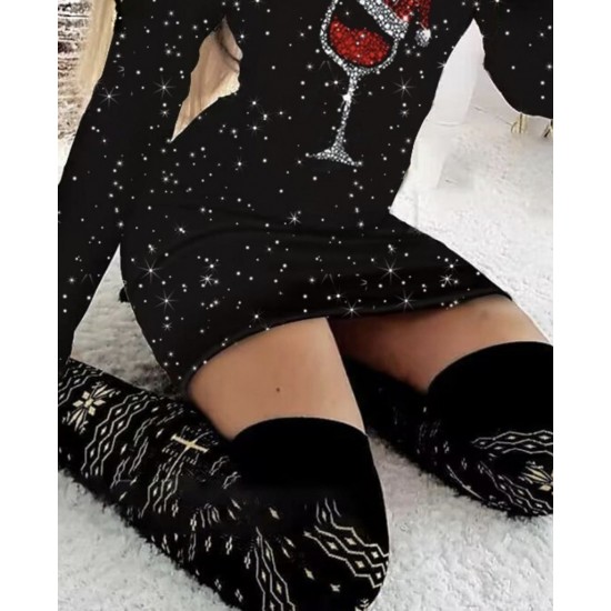 Kadın Uzun Kollu Taş Kadeh Baskı Dalgıç Mini Boy Elbise, 28940