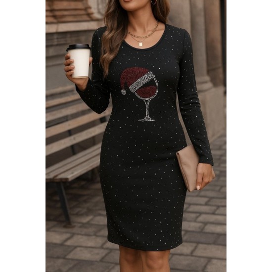 Kadın Uzun Kollu Taş Kadeh Baskı Dalgıç Mini Boy Elbise, 28940