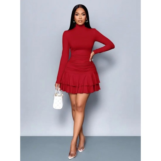 Kadın Uzun Kollu Balıkçı Yaka Mini Fırfırlı Sandy Elbise , 28483 Kadın Uzun Kollu Balıkçı Yaka Mini Fırfırlı Sandy Elbise , 28483