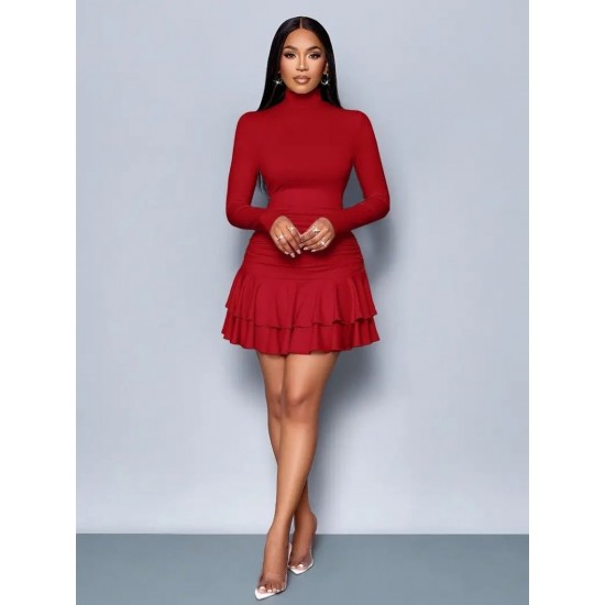 Kadın Uzun Kollu Balıkçı Yaka Mini Fırfırlı Sandy Elbise , 28483 Kadın Uzun Kollu Balıkçı Yaka Mini Fırfırlı Sandy Elbise , 28483