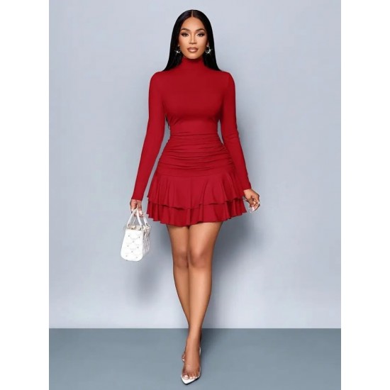Kadın Uzun Kollu Balıkçı Yaka Mini Fırfırlı Sandy Elbise , 28483 Kadın Uzun Kollu Balıkçı Yaka Mini Fırfırlı Sandy Elbise , 28483