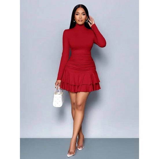 Kadın Uzun Kollu Balıkçı Yaka Mini Fırfırlı Sandy Elbise , 28483 Kadın Uzun Kollu Balıkçı Yaka Mini Fırfırlı Sandy Elbise , 28483