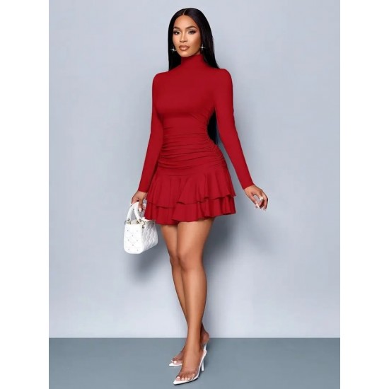 Kadın Uzun Kollu Balıkçı Yaka Mini Fırfırlı Sandy Elbise , 28483 Kadın Uzun Kollu Balıkçı Yaka Mini Fırfırlı Sandy Elbise , 28483