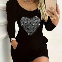 Kadın Uzun Kollu Yuvarlak Yaka Taşlı Kalp Desenli Viskon Iki Iplik Elbise , 28975