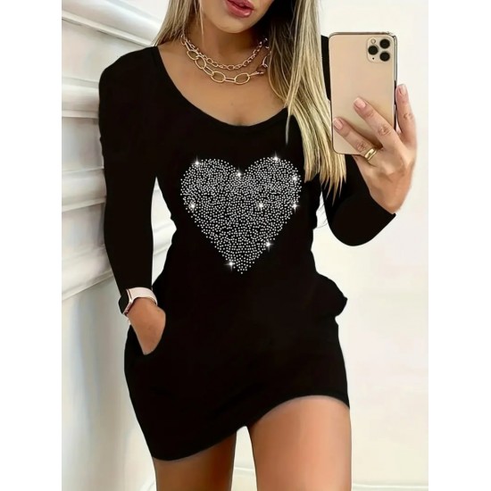 Kadın Uzun Kollu Yuvarlak Yaka Taşlı Kalp Desenli Viskon Iki Iplik Elbise , 28975 Kadın Uzun Kollu Yuvarlak Yaka Taşlı Kalp Desenli Viskon Iki Iplik Elbise , 28975