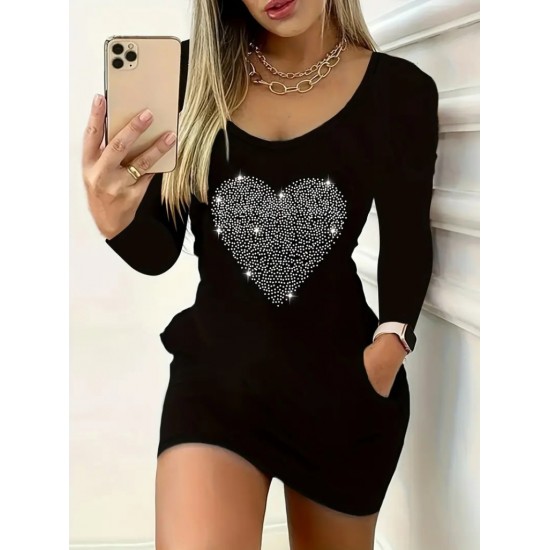 Kadın Uzun Kollu Yuvarlak Yaka Taşlı Kalp Desenli Viskon Iki Iplik Elbise , 28975 Kadın Uzun Kollu Yuvarlak Yaka Taşlı Kalp Desenli Viskon Iki Iplik Elbise , 28975