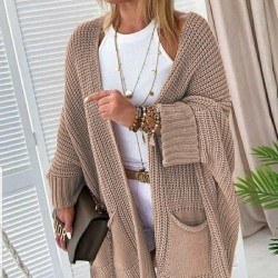 4Oversize Kalıp Cepli Salaş Triko Hırka BEJ, 4139 4Oversize Kalıp Cepli Salaş Triko Hırka BEJ, 4139