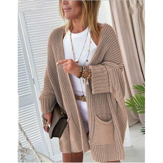 4Oversize Kalıp Cepli Salaş Triko Hırka BEJ, 4139 4Oversize Kalıp Cepli Salaş Triko Hırka BEJ, 4139