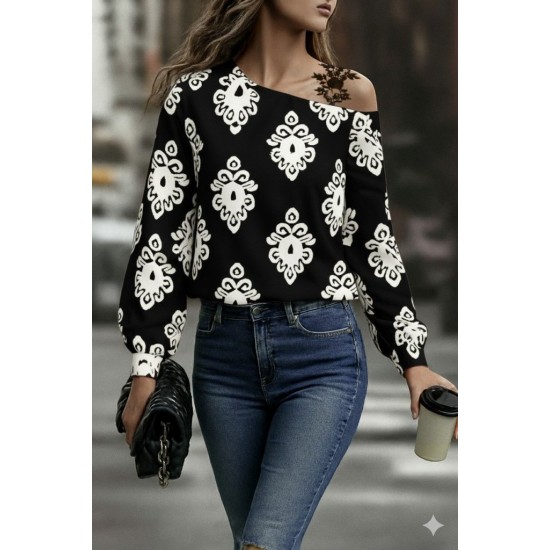 Kadın Askılı Uzun Kollu Omuzlardan Açık Desenli Mosskrep Bluz , 29000