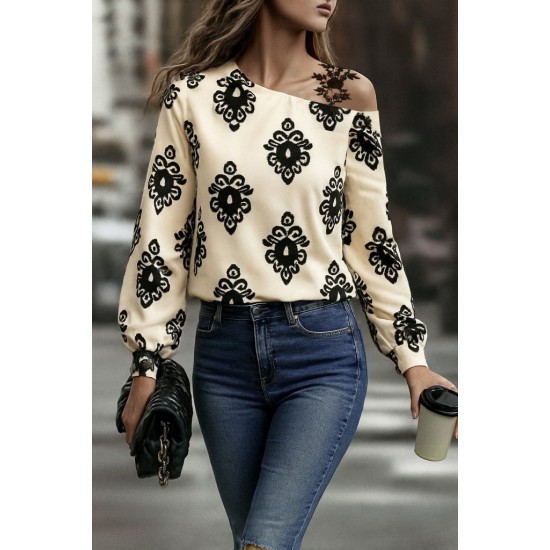 Kadın Askılı Uzun Kollu Omuzlardan Açık Desenli Mosskrep Bluz , 28999 Kadın Askılı Uzun Kollu Omuzlardan Açık Desenli Mosskrep Bluz , 28999