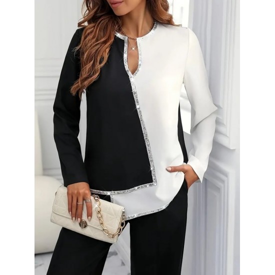 Kadın Uzun Kollu V Yakalı Pul Payet Işlemeli Ithal Krep Bluz , 29006 Kadın Uzun Kollu V Yakalı Pul Payet Işlemeli Ithal Krep Bluz , 29006