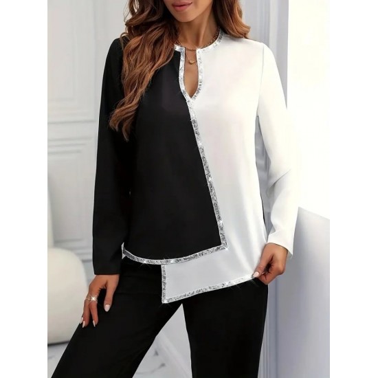 Kadın Uzun Kollu V Yakalı Pul Payet Işlemeli Ithal Krep Bluz , 29006 Kadın Uzun Kollu V Yakalı Pul Payet Işlemeli Ithal Krep Bluz , 29006