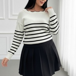 Kadın Beyaz Sırt Bağlama Detaylı çizgi Desen Triko Bluz, 29024