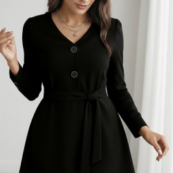 Kadın Uzun Kollu Düğme Detaylı Kendinden Kemerli Ithal Krep Elbise, 29022