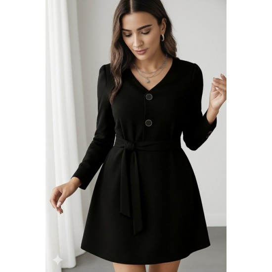 Kadın Uzun Kollu Düğme Detaylı Kendinden Kemerli Ithal Krep Elbise, 29022 Kadın Uzun Kollu Düğme Detaylı Kendinden Kemerli Ithal Krep Elbise, 29022