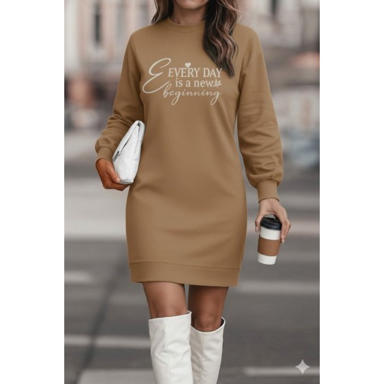 Kadın Uzun Kollu Bisiklet Yaka Kısa Viskon Iki Iplik Elbise , 29012