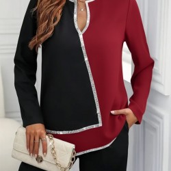 Kadın Uzun Kollu V Yakalı Pul Payet Işlemeli Ithal Krep Bluz , 29007 Kadın Uzun Kollu V Yakalı Pul Payet Işlemeli Ithal Krep Bluz , 29007