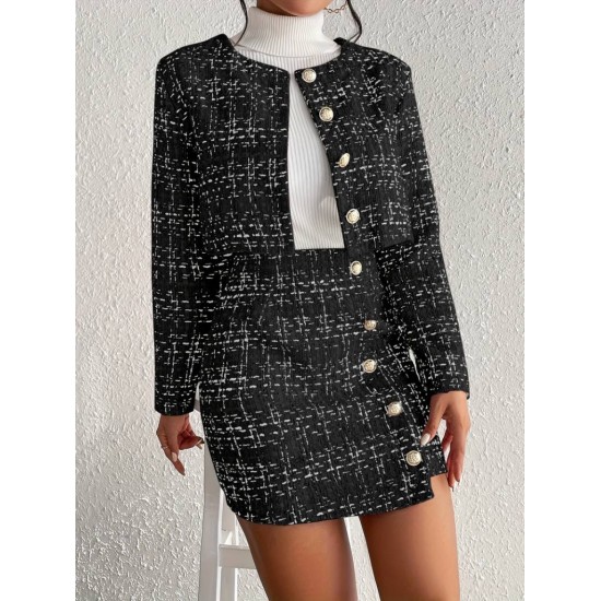 Kadın Uzun Kollu önü Düğmeli şanel Ceket Ve Etek Takım, 29028 Kadın Uzun Kollu önü Düğmeli şanel Ceket Ve Etek Takım, 29028